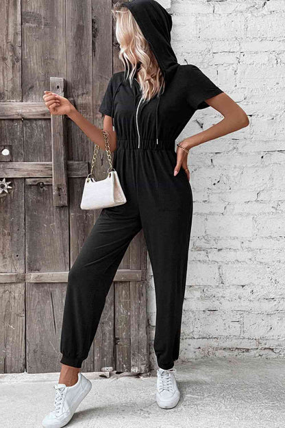 Zip-Up Short Sleeve Hooded Jumpsuit with Pockets | AdoreStarr