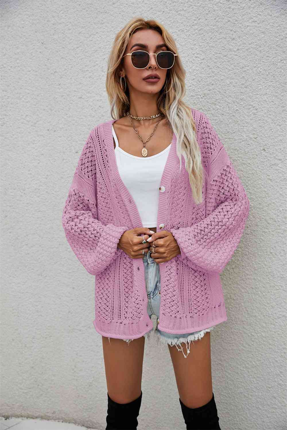 Openwork V-Neck Dropped Shoulder Cardigan | AdoreStarr