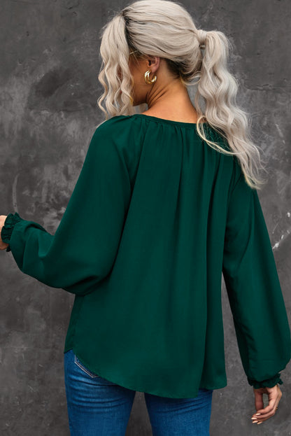 Notched Neck Lantern Sleeve Blouse | AdoreStarr