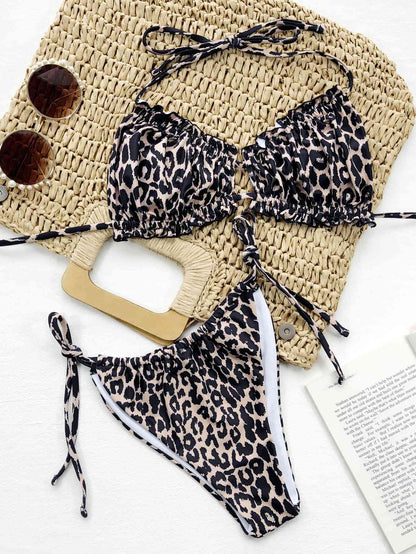 Frill Trill Halter Neck Bikini Set - Brown