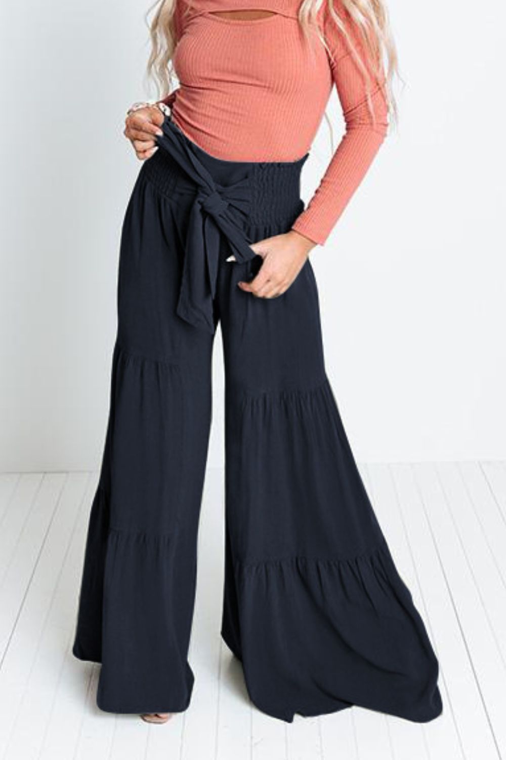 Tie Front Smocked Tiered Culottes | AdoreStarr