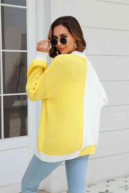 Open Front Contrast Color Balloon Sleeve Cardigan | AdoreStarr