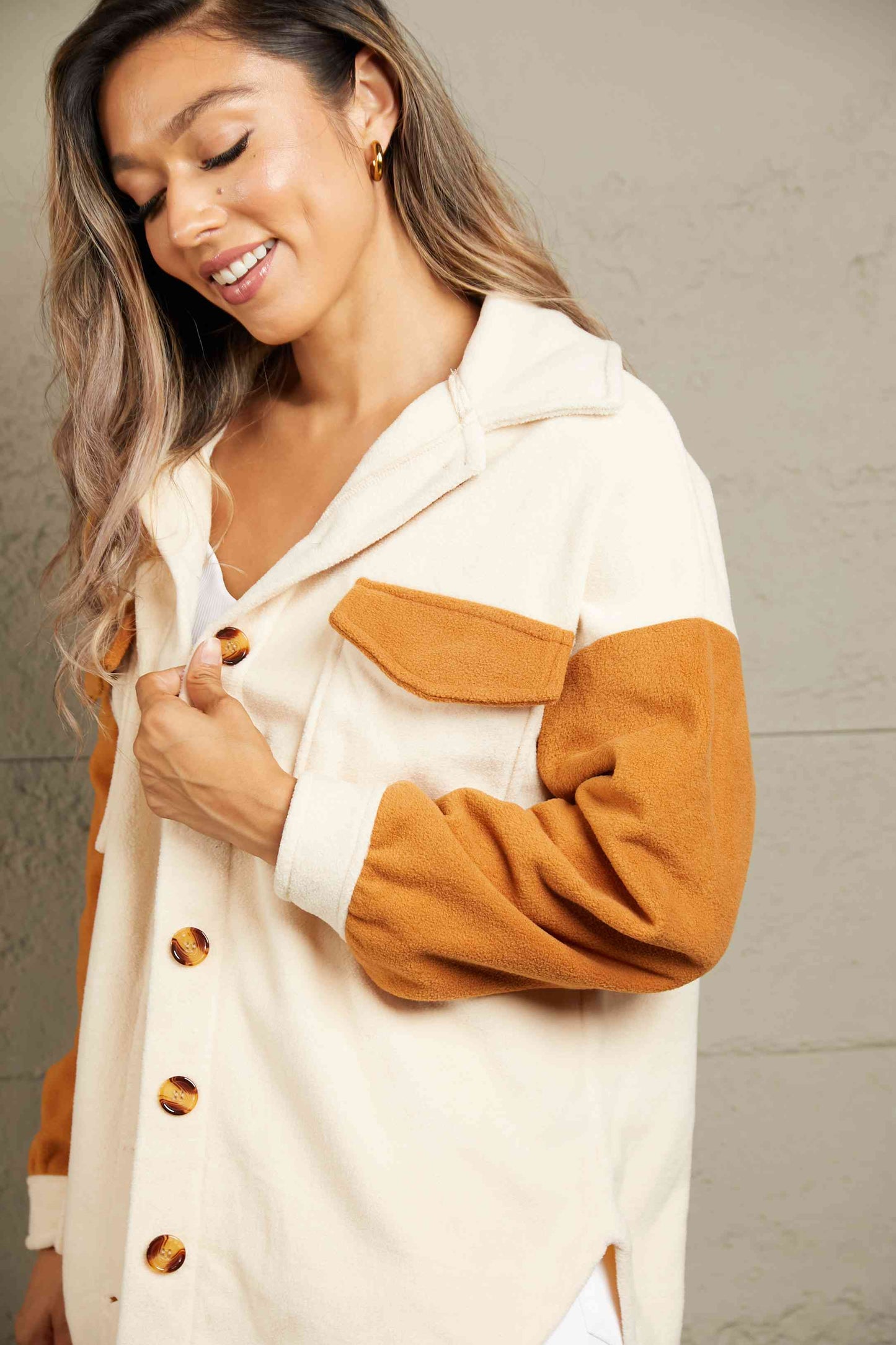 Contrast Button-Up Fleece Jacket | AdoreStarr