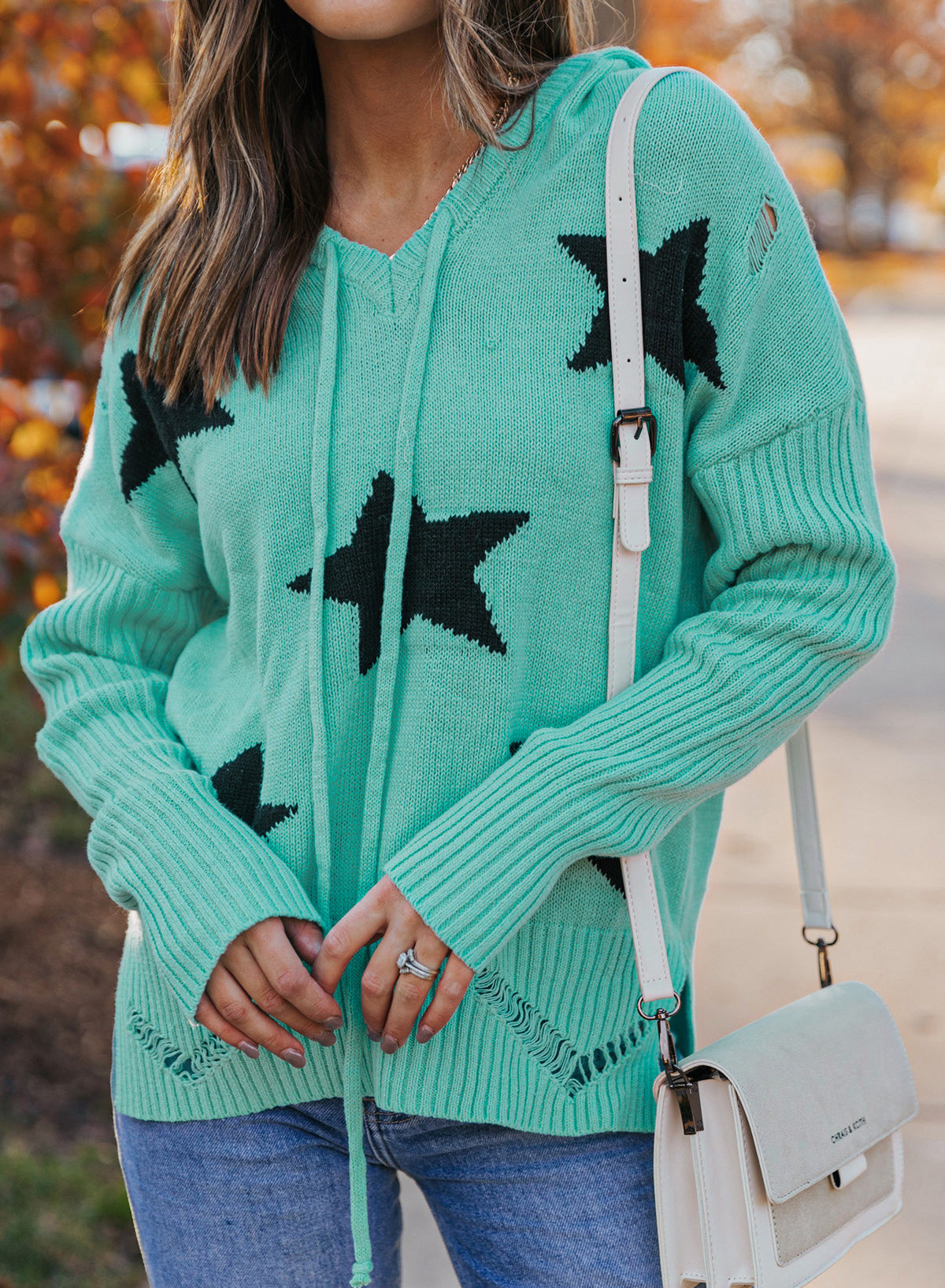 Star Distressed Slit Hooded Sweater - Green