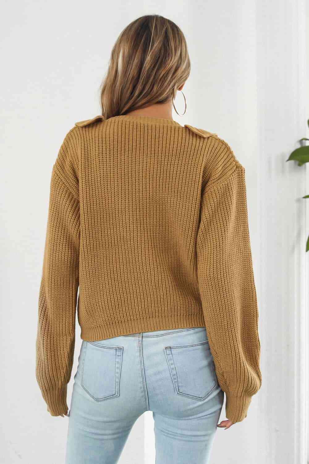 Ruffle Trim Button-Down Dropped Shoulder Sweater | AdoreStarr