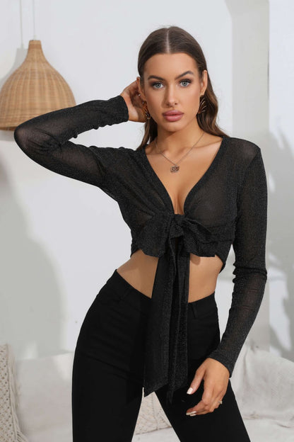 Tie Front Deep V Long Sleeve Crop Top | AdoreStarr