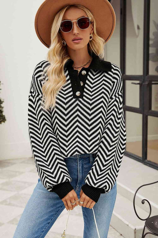 Striped Collared Neck Buttoned Pullover Sweater | AdoreStarr