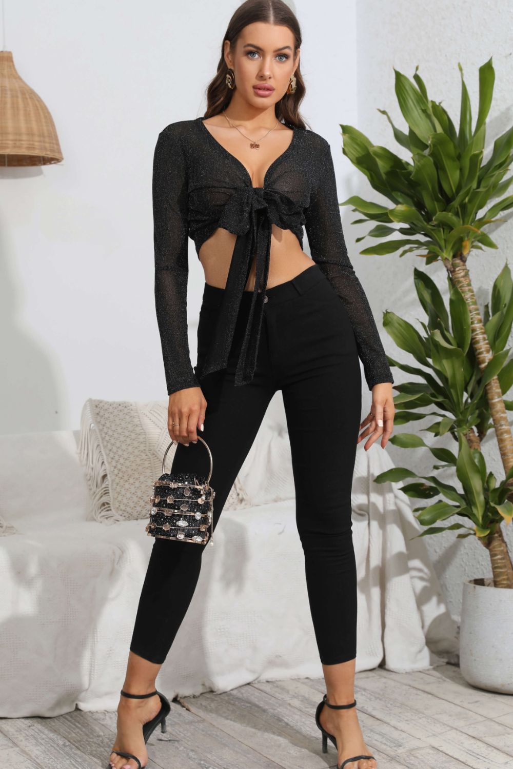 Tie Front Deep V Long Sleeve Crop Top | AdoreStarr