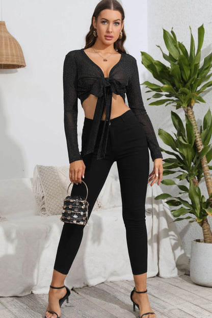 Tie Front Deep V Long Sleeve Crop Top | AdoreStarr