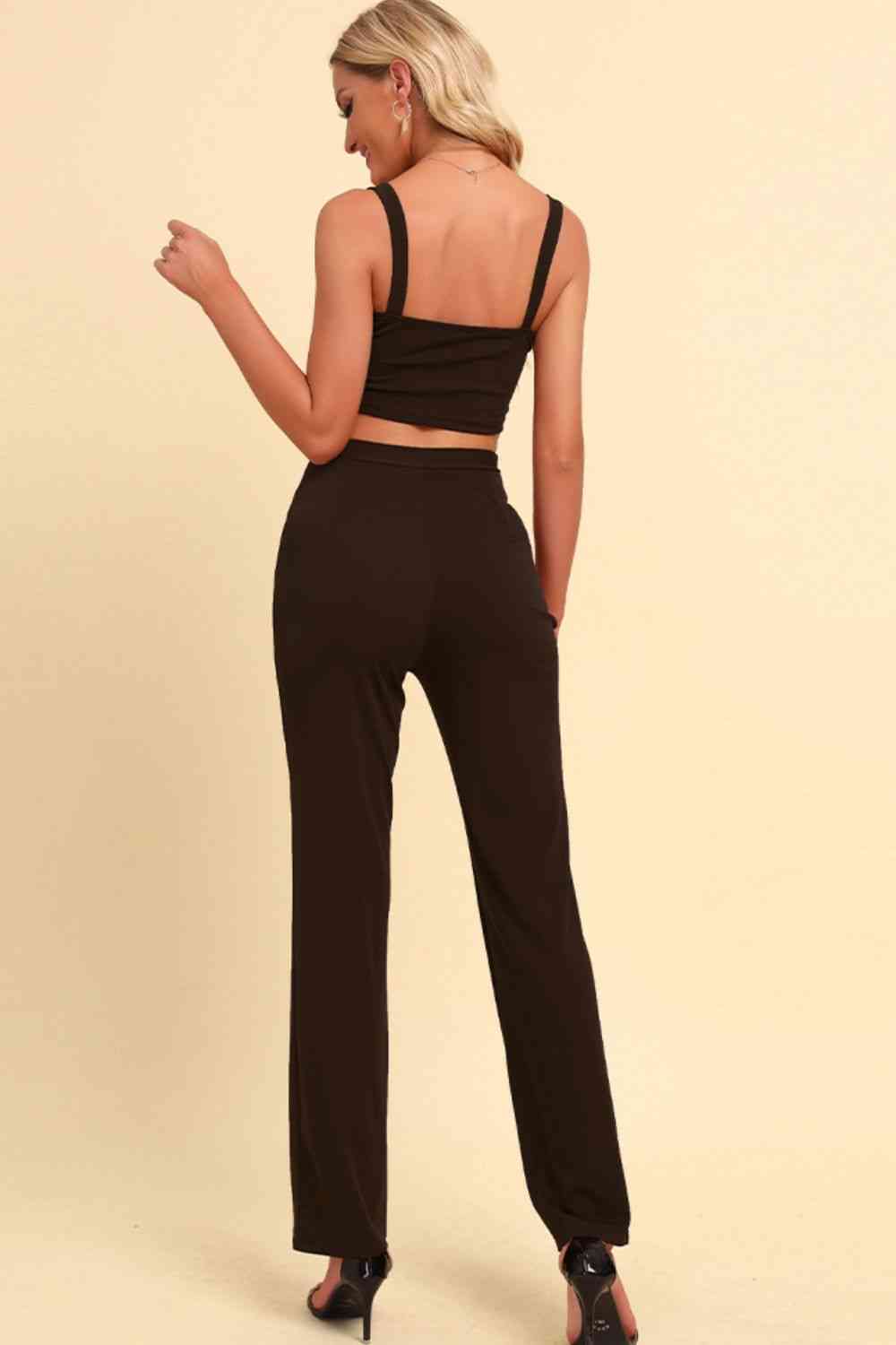 Chain Detail Cropped Cami and Straight Leg Pants Set - Black