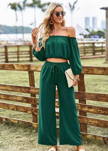 Off-Shoulder Blouse and Drawstring Waist Pants Set | AdoreStarr