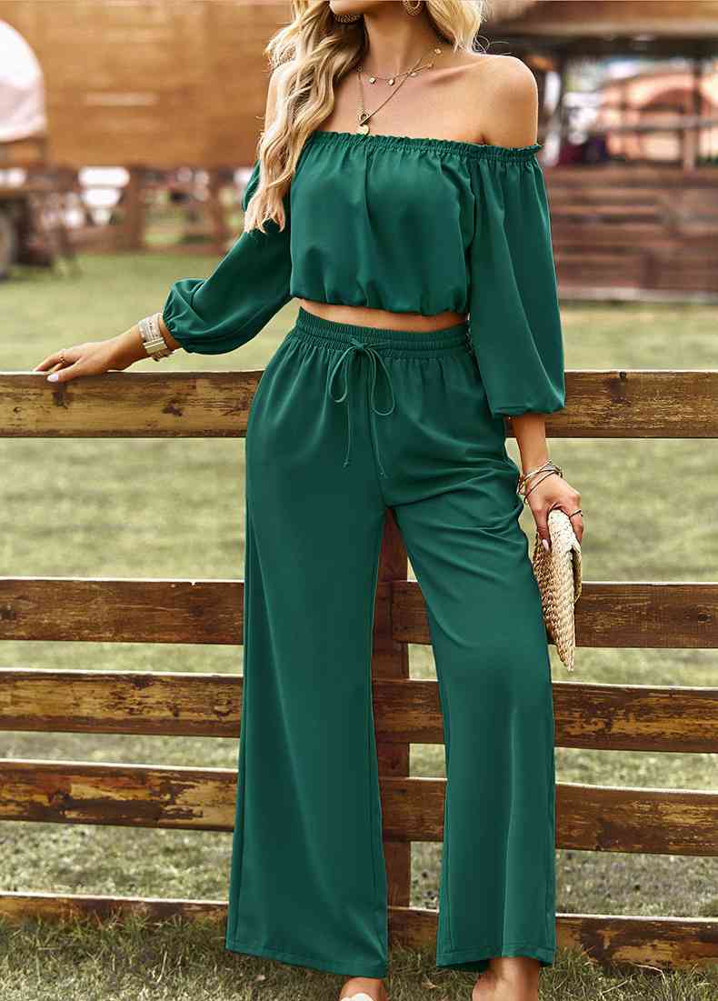 Off-Shoulder Blouse and Drawstring Waist Pants Set | AdoreStarr