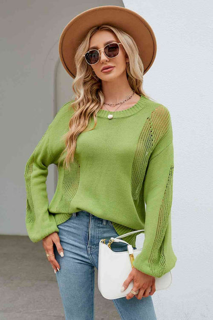 Openwork Dropped Shoulder Knit Top - Mid Green