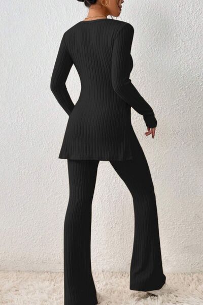 Ribbed Long Sleeve Slit Top and Bootcut Pants Set - Black