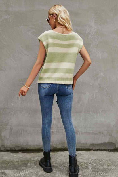 Striped Round Neck Cap Sleeve Knit Top | AdoreStarr