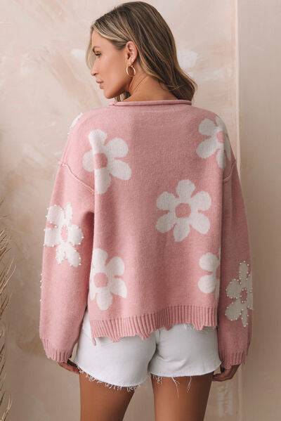 Flower Pattern Pearl Detail Rolled Slit Sweater | AdoreStarr