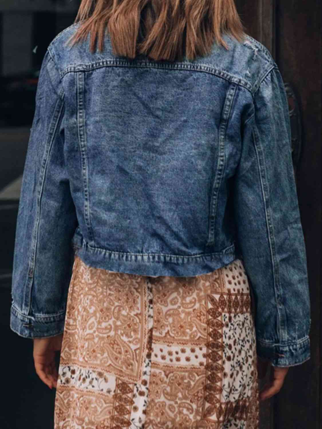 Button Up Collared Neck Distressed Denim Jacket | AdoreStarr