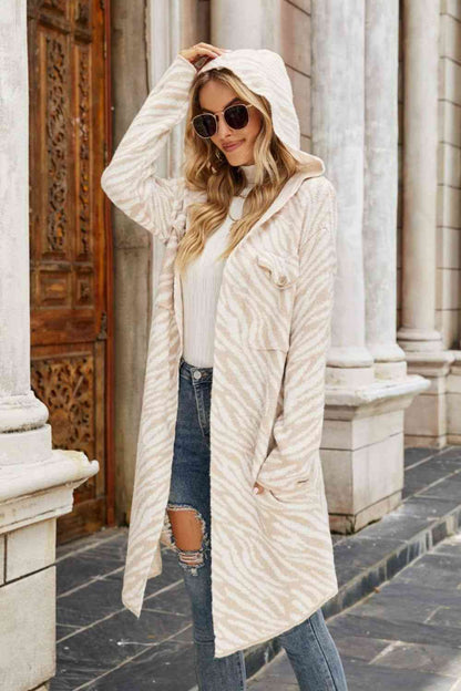 Open Front Hooded Longline Cardigan - Beige