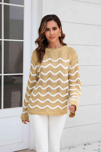 Wave Pattern Round Neck Long Sleeve Sweater | AdoreStarr