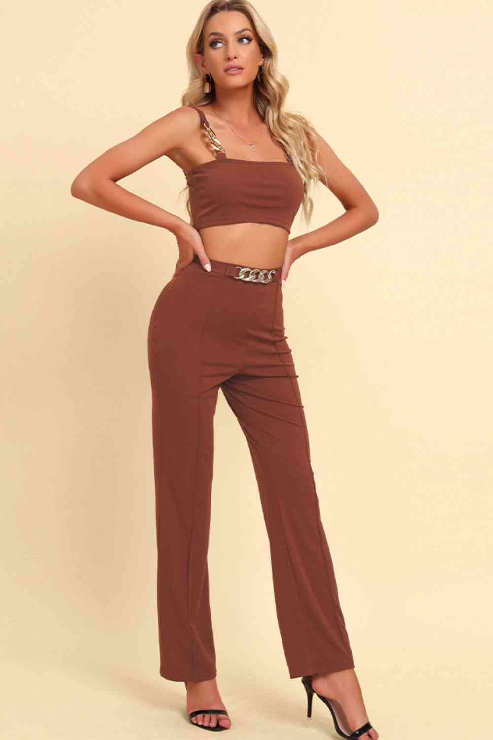 Chain Detail Cropped Cami and Straight Leg Pants Set - Caramel