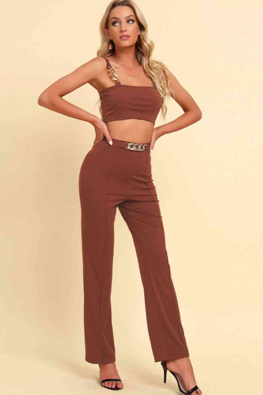 Chain Detail Cropped Cami and Straight Leg Pants Set | AdoreStarr