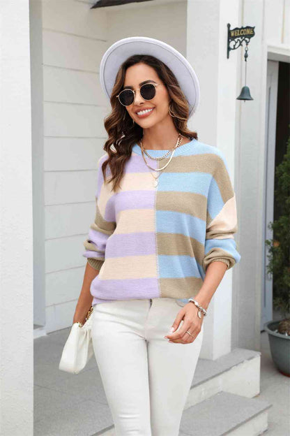 Round Neck Color Block Pullover Sweater | AdoreStarr