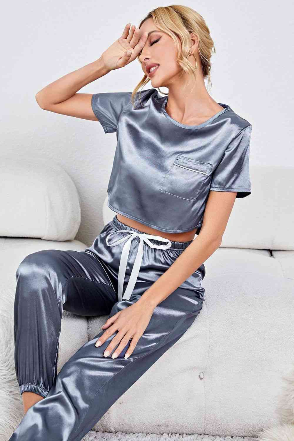 Satin Short Sleeve Crop Top and Joggers Lounge Set - Steel