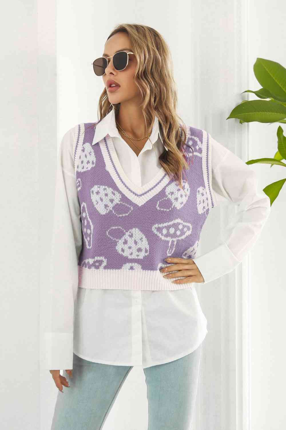 Printed Plunge Neck Sweater Vest | AdoreStarr