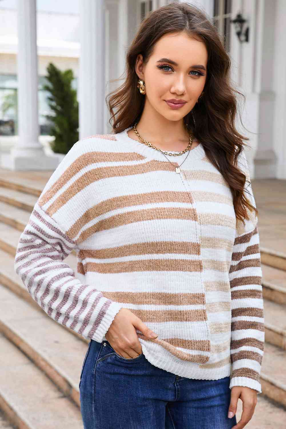 Striped Round Neck Dropped Shoulder Sweater | AdoreStarr