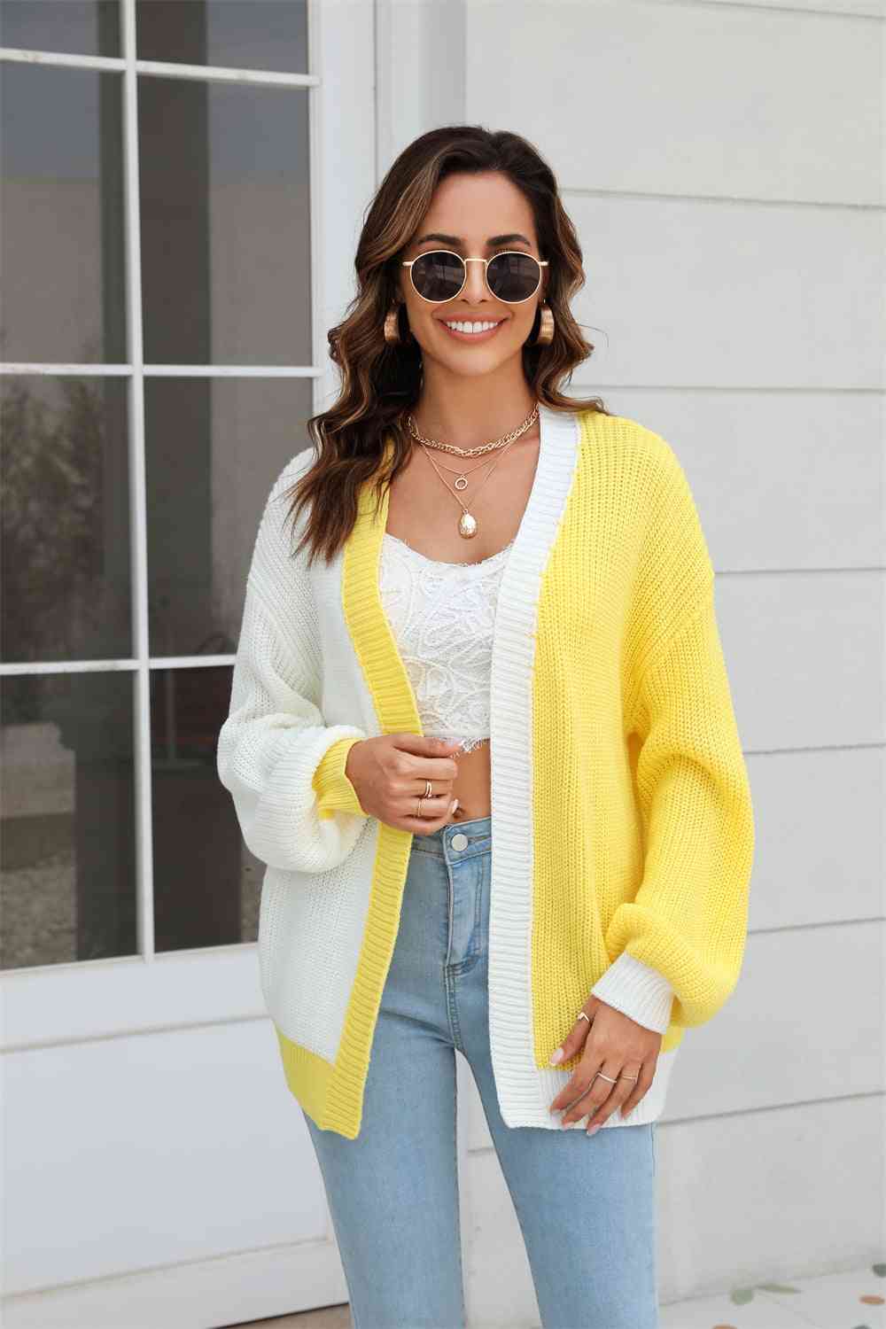 Open Front Contrast Color Balloon Sleeve Cardigan - Lavender