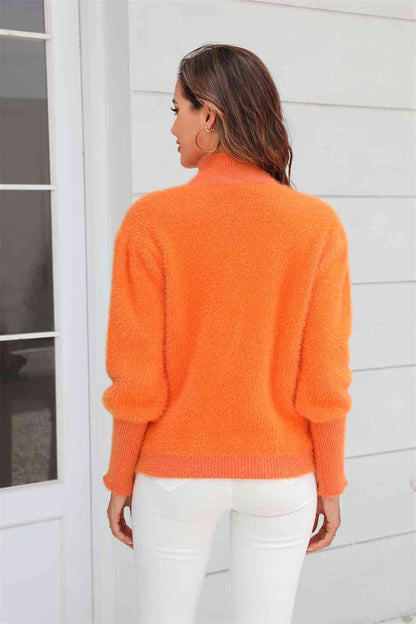 Turtle Neck Long Sleeve Pullover Sweater - Tangerine