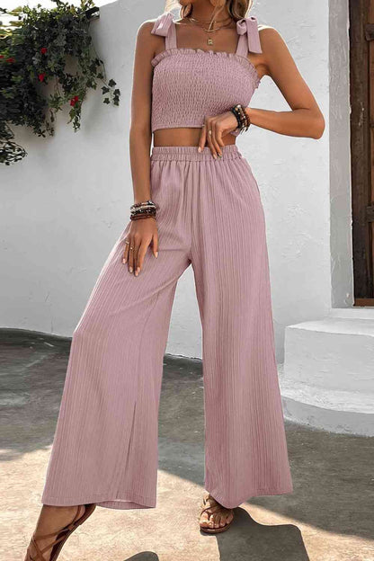 Tie Shoulder Crop Top and Wide Leg Pants Set | AdoreStarr