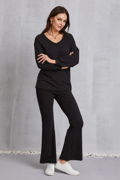 V-Neck Dropped Shoulder Top and Flare Pants Set | AdoreStarr