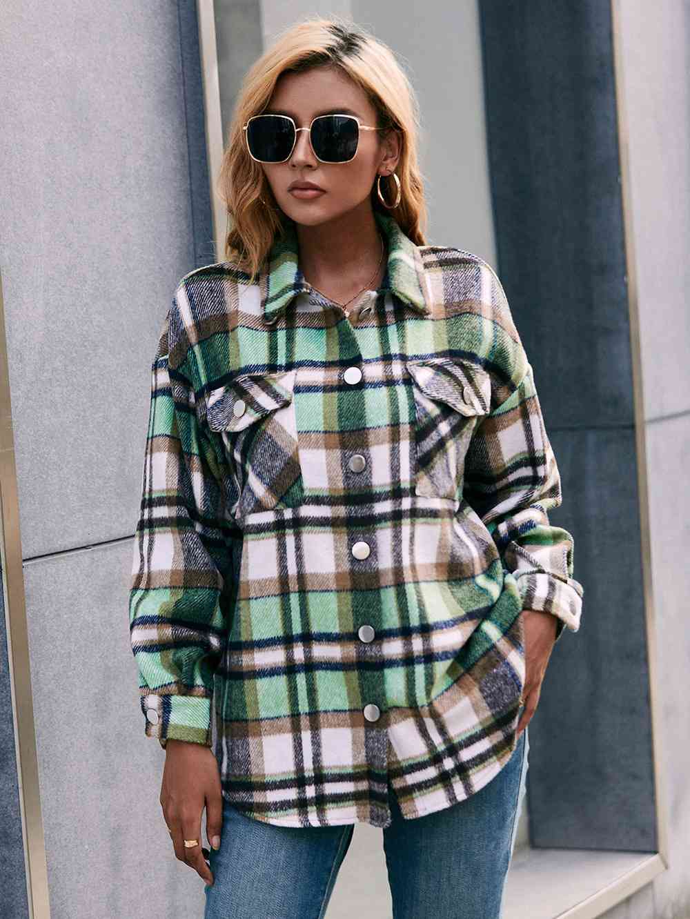 Plaid Button Down Curved Hem Shacket | AdoreStarr