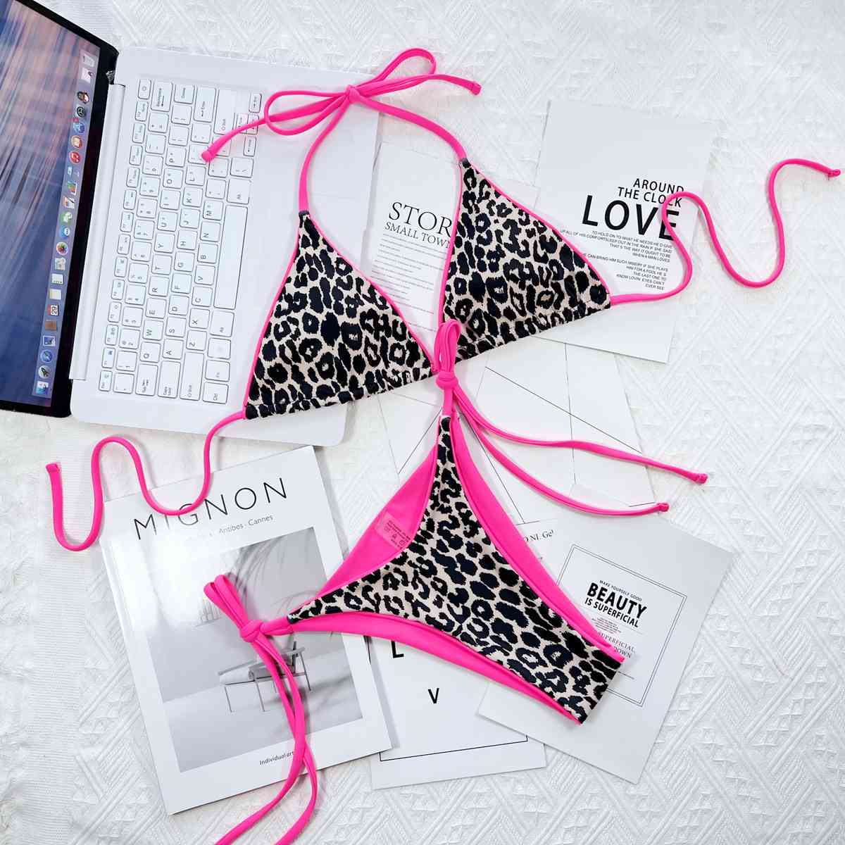 Leopard Print Tie Side Bikini Set - Pink