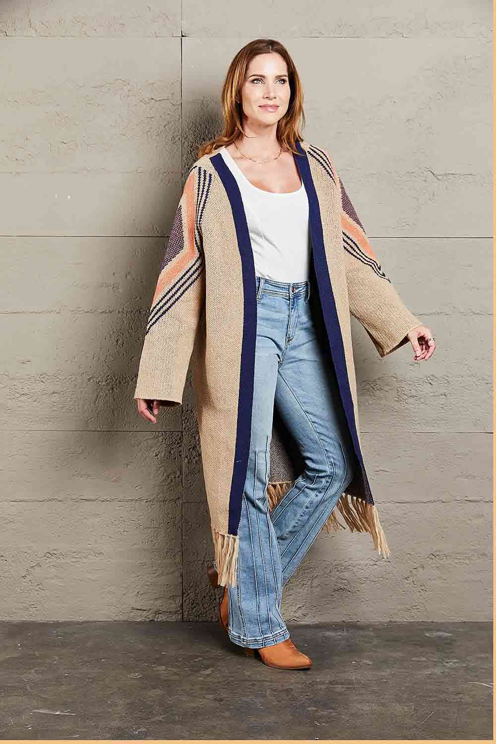 Geometric Fringe Hem Open Front Duster Cardigan | AdoreStarr