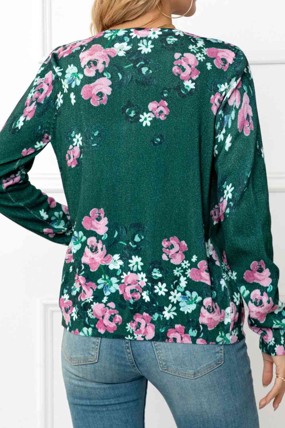 Floral Button Front Round Neck Cardigan | AdoreStarr