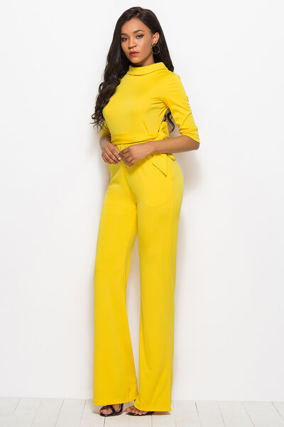 Mock Neck Tie-Waist Half Sleeve Jumpsuit | AdoreStarr