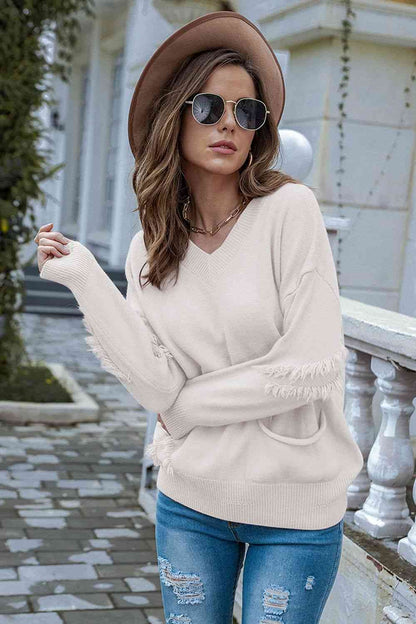 V-Neck Dropped Shoulder Sweater | AdoreStarr