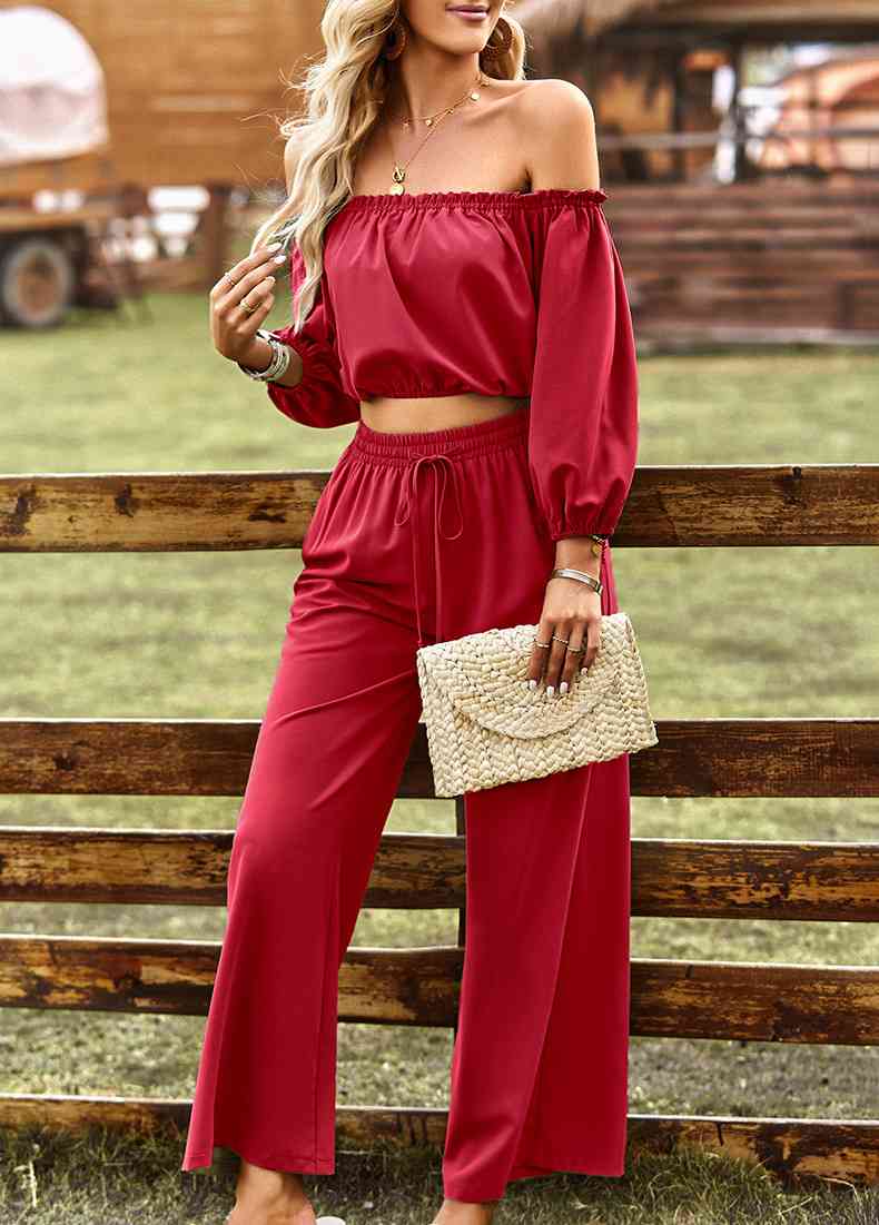 Off-Shoulder Blouse and Drawstring Waist Pants Set | AdoreStarr