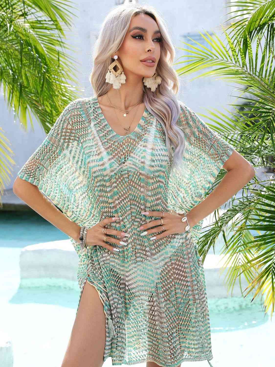 Multicolored Openwork Tassel Slit Cover-Up | AdoreStarr