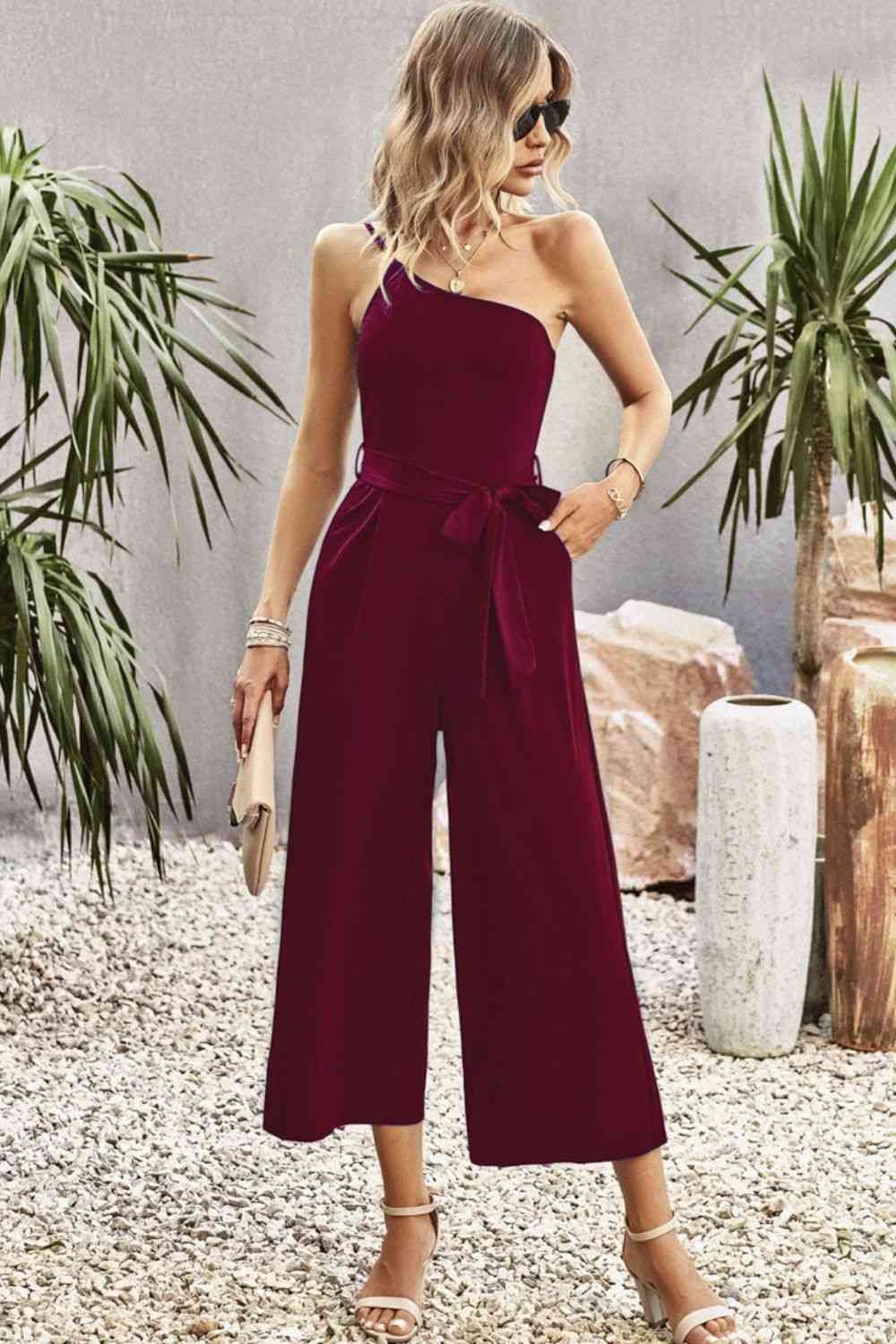 One-Shoulder Tie Belt Wide Leg Jumpsuit | AdoreStarr