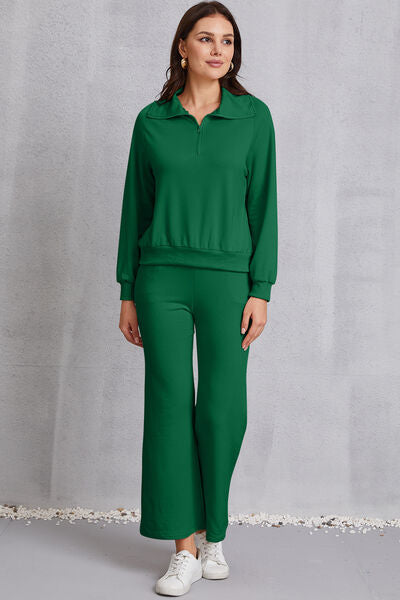 Half Zip Collared Neck Sweatshirt and Pants Set | AdoreStarr