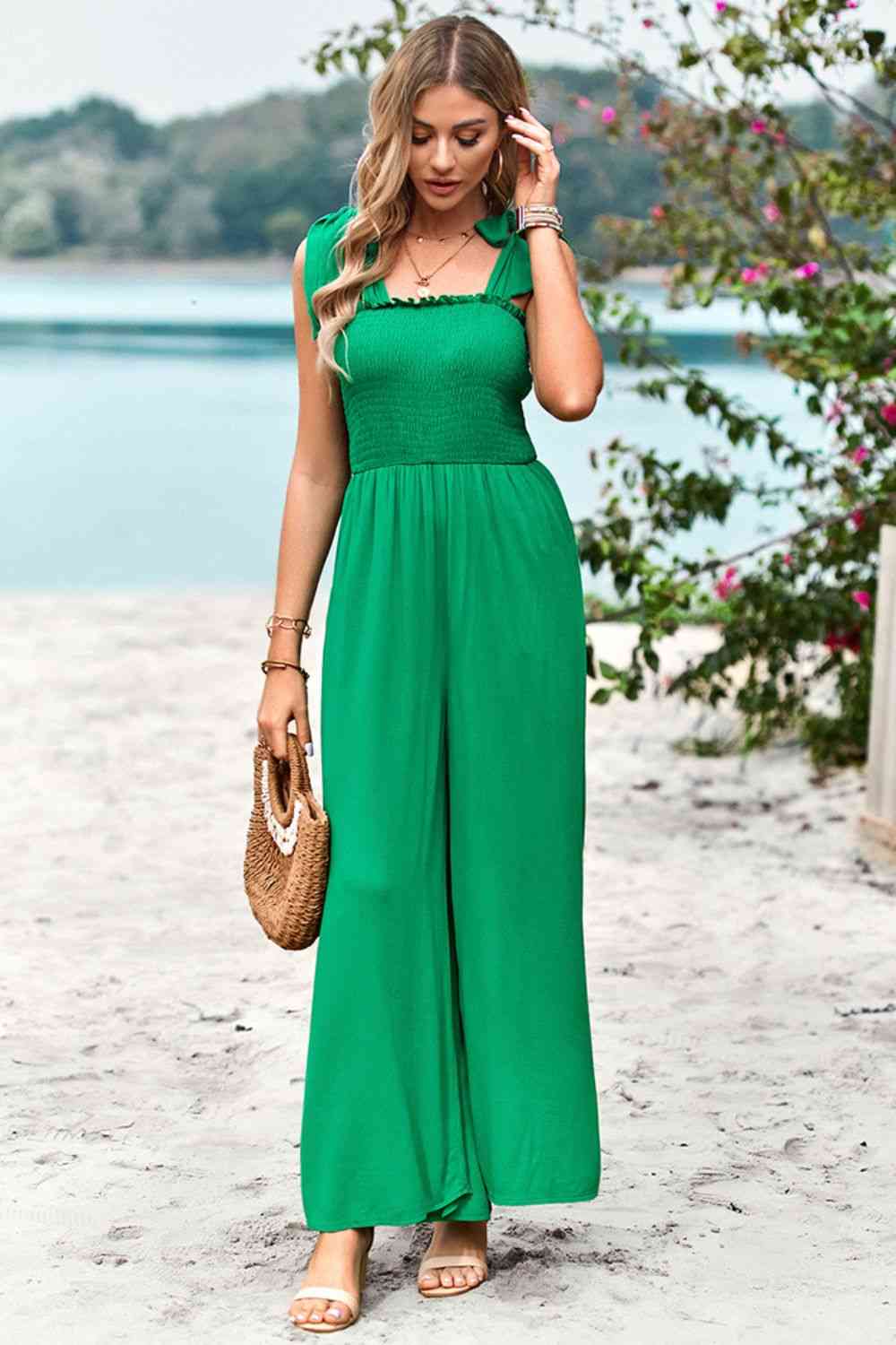 Frill Trim Tie Shoulder Wide Leg Jumpsuit