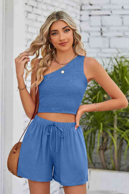 One-Shoulder Sleeveless Top and Shorts Set | AdoreStarr