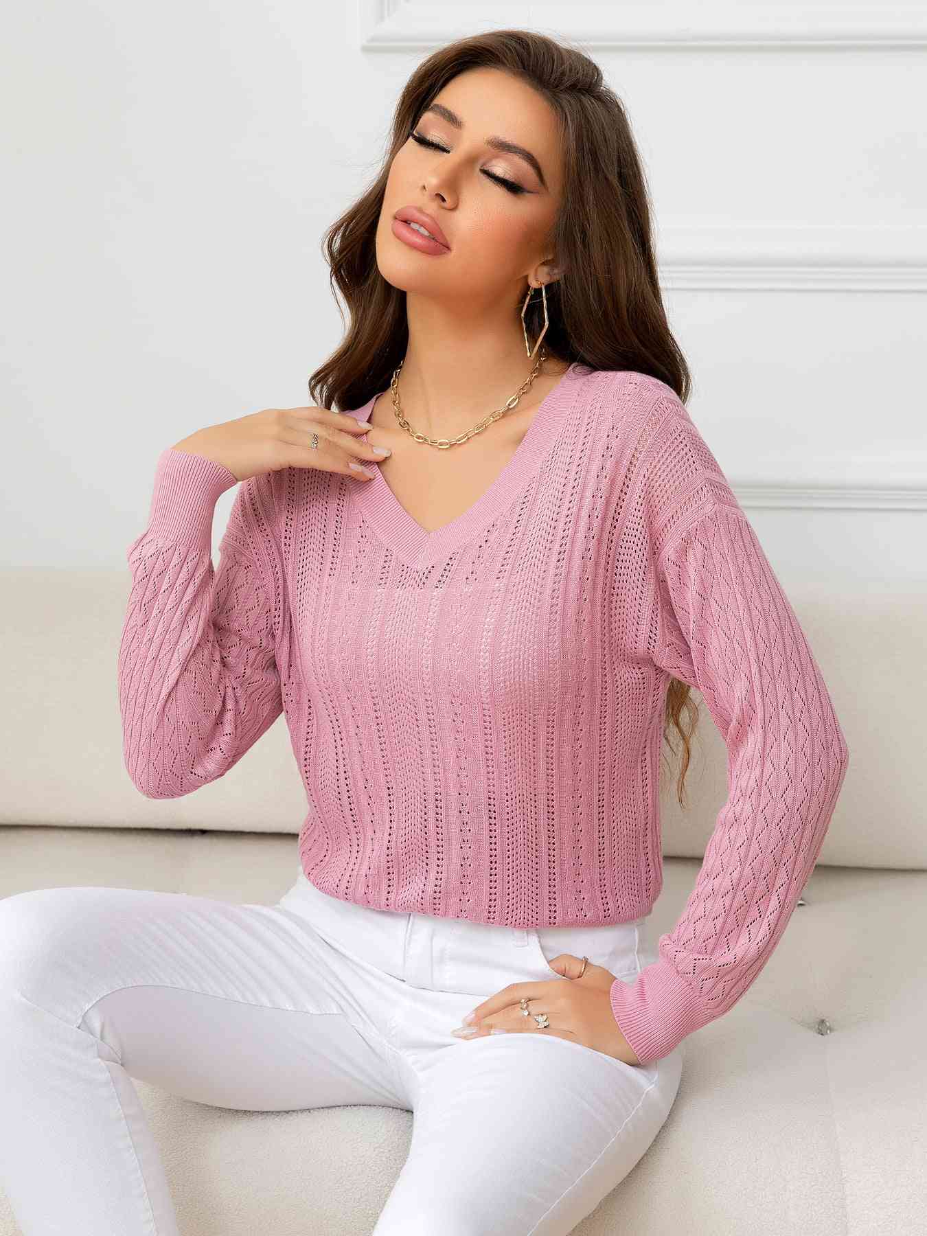 V-Neck Long Sleeve Eyelet Knit Top | AdoreStarr