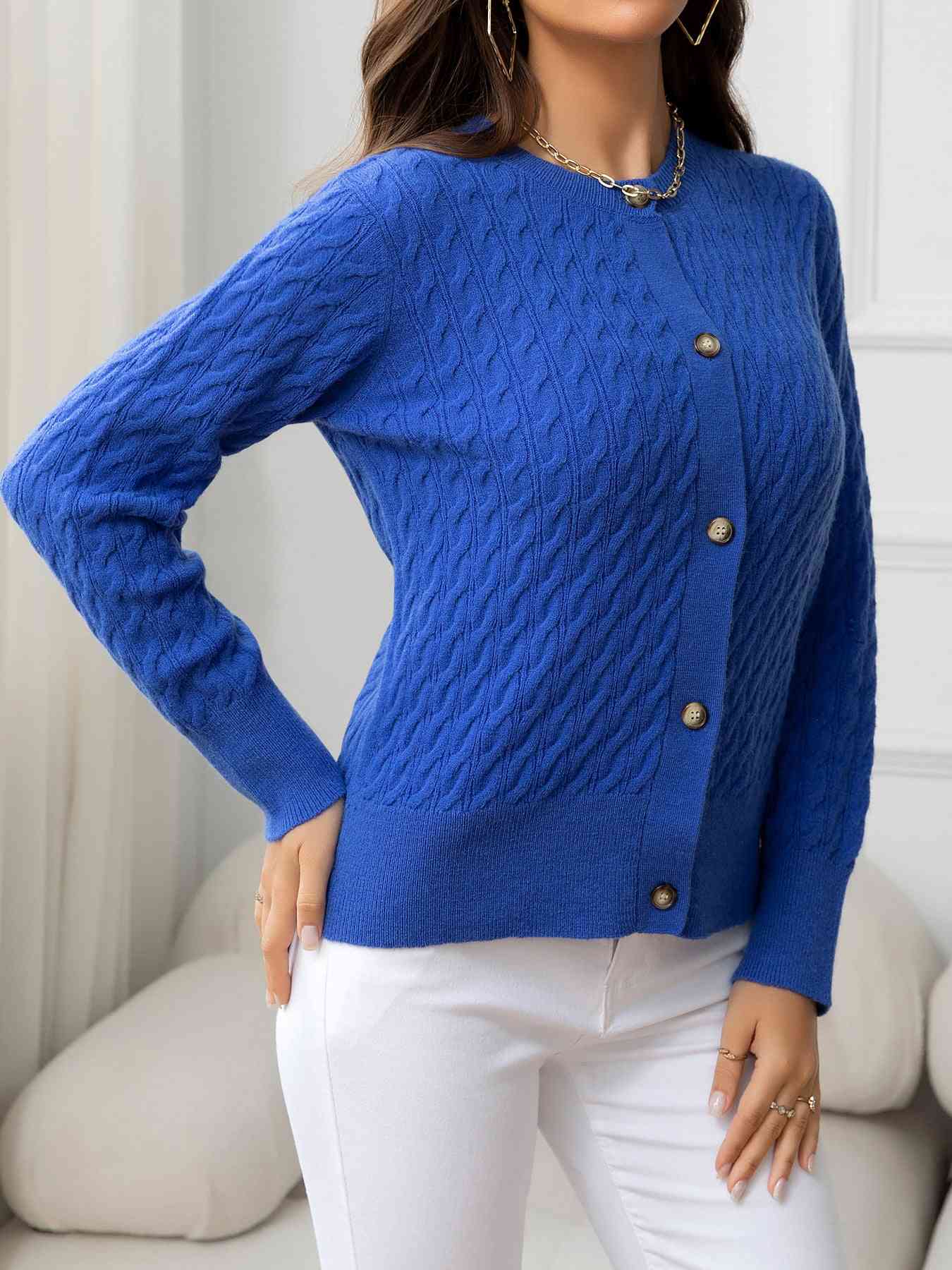 Round Neck Cable-Knit Buttoned Knit Top | AdoreStarr