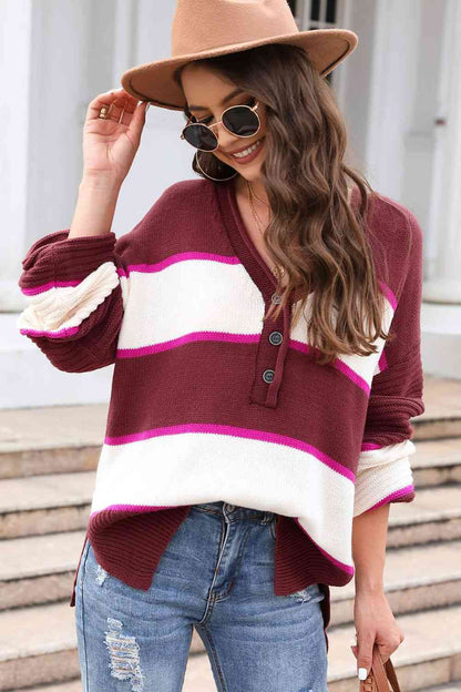 Striped Dropped Shoulder Side Slit Sweater | AdoreStarr