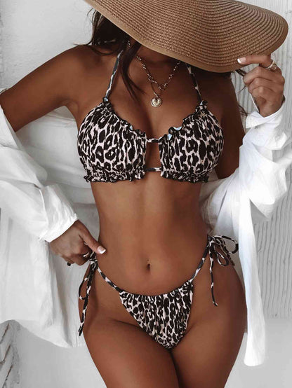 Frill Trill Halter Neck Bikini Set - Brown