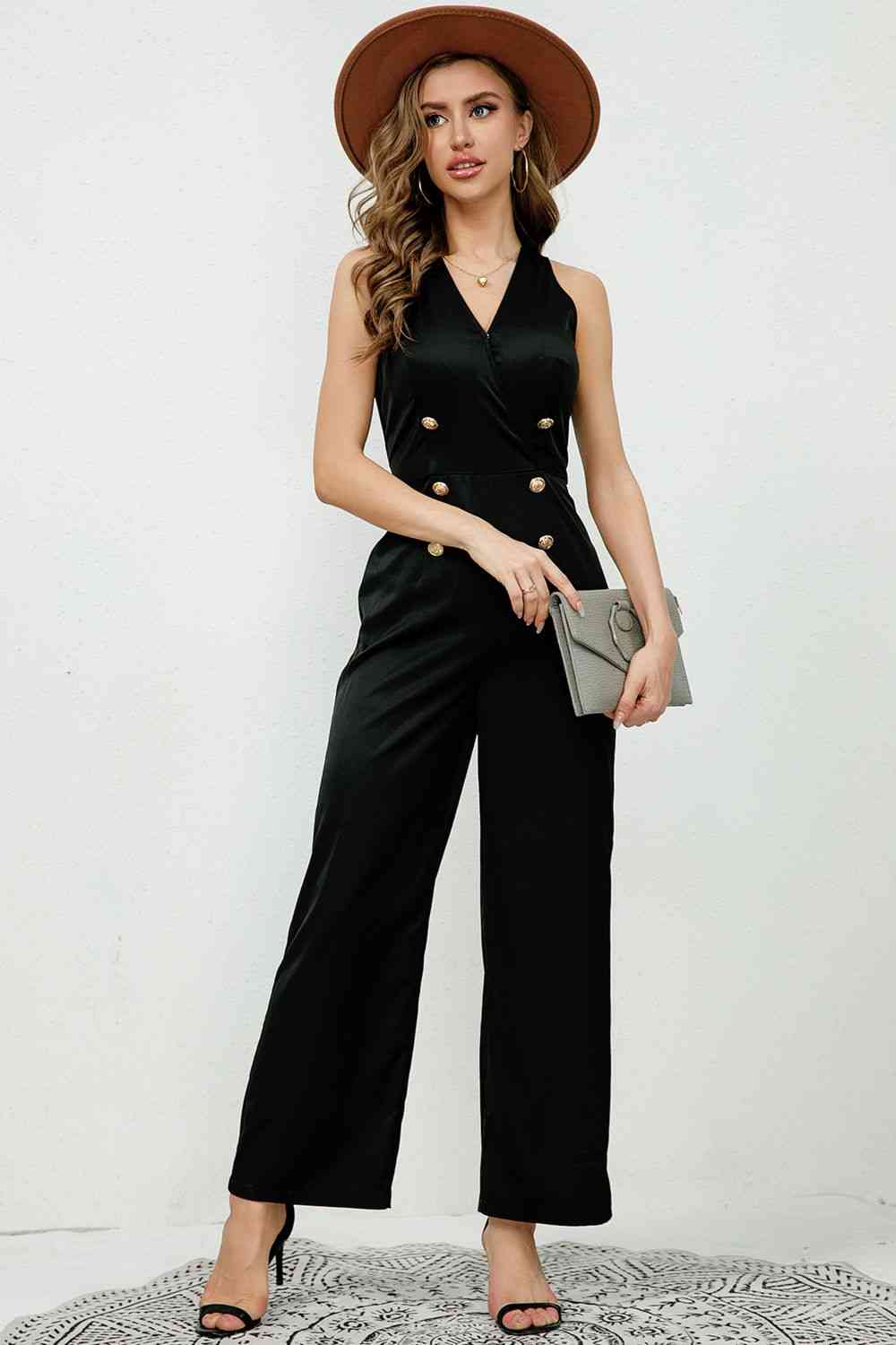 V-Neck Decorative Buttons Jumpsuit | AdoreStarr